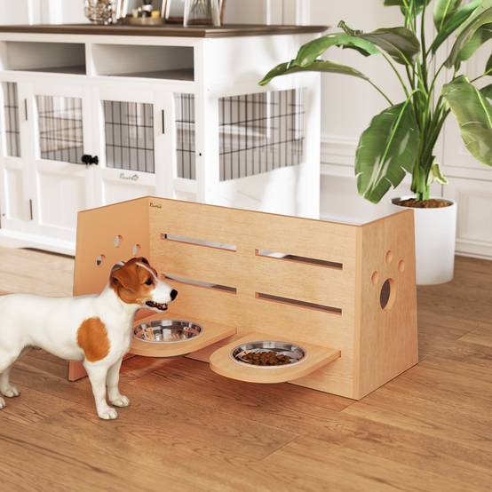 Sans Marque - Gamelle chien surélevée 3 hauteurs réglables 2 gamelles inox 63x58,5x40 cm chêne - Image 4
