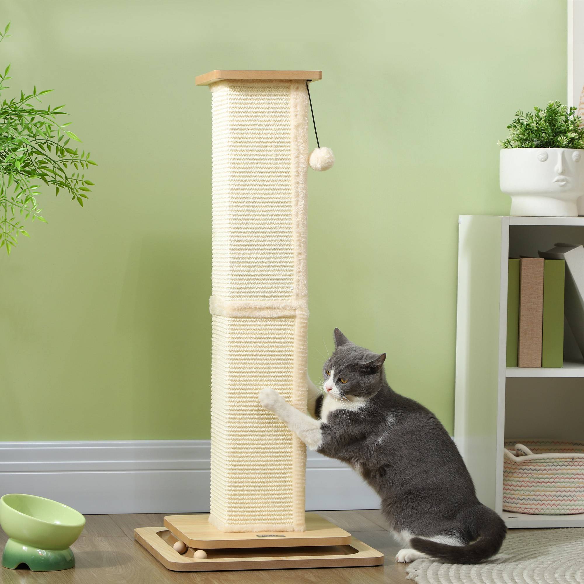Poteau à Griffer pour Chat 87 cm en Sisal avec Circuit à Billes et Jouet Suspendu Chêne - ComfortXL Outdoor Living - Image 3