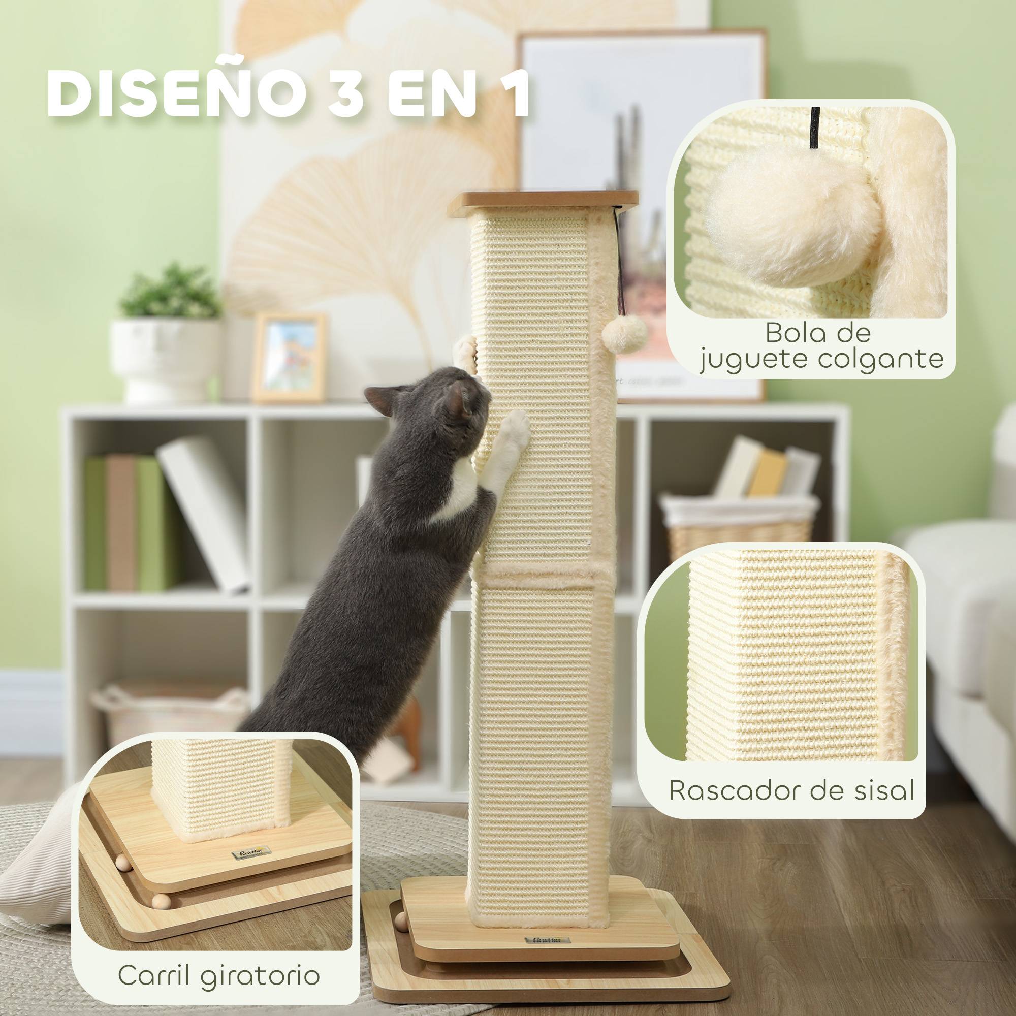 Poteau à Griffer pour Chat 87 cm en Sisal avec Circuit à Billes et Jouet Suspendu Chêne - ComfortXL Outdoor Living - Image 6