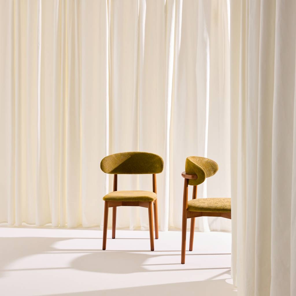 sweeek - Lot de 2 chaises bois d'hévéa noyer et tissu chenille moutarde - Paola | sweeek - Image 1