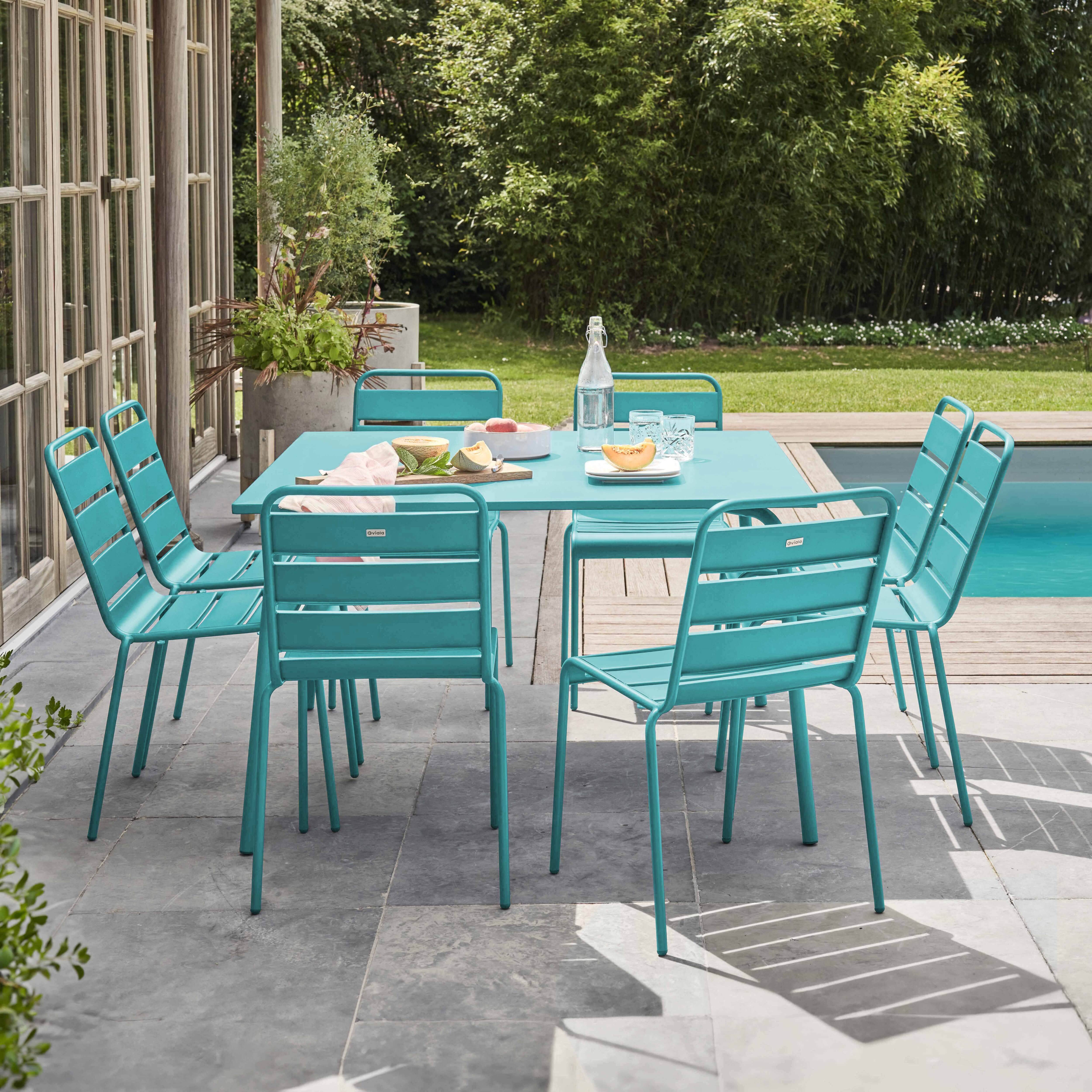 Oviala - Ensemble table de jardin et 8 chaises en métal turquoise Palavas - Oviala - Imagen 2