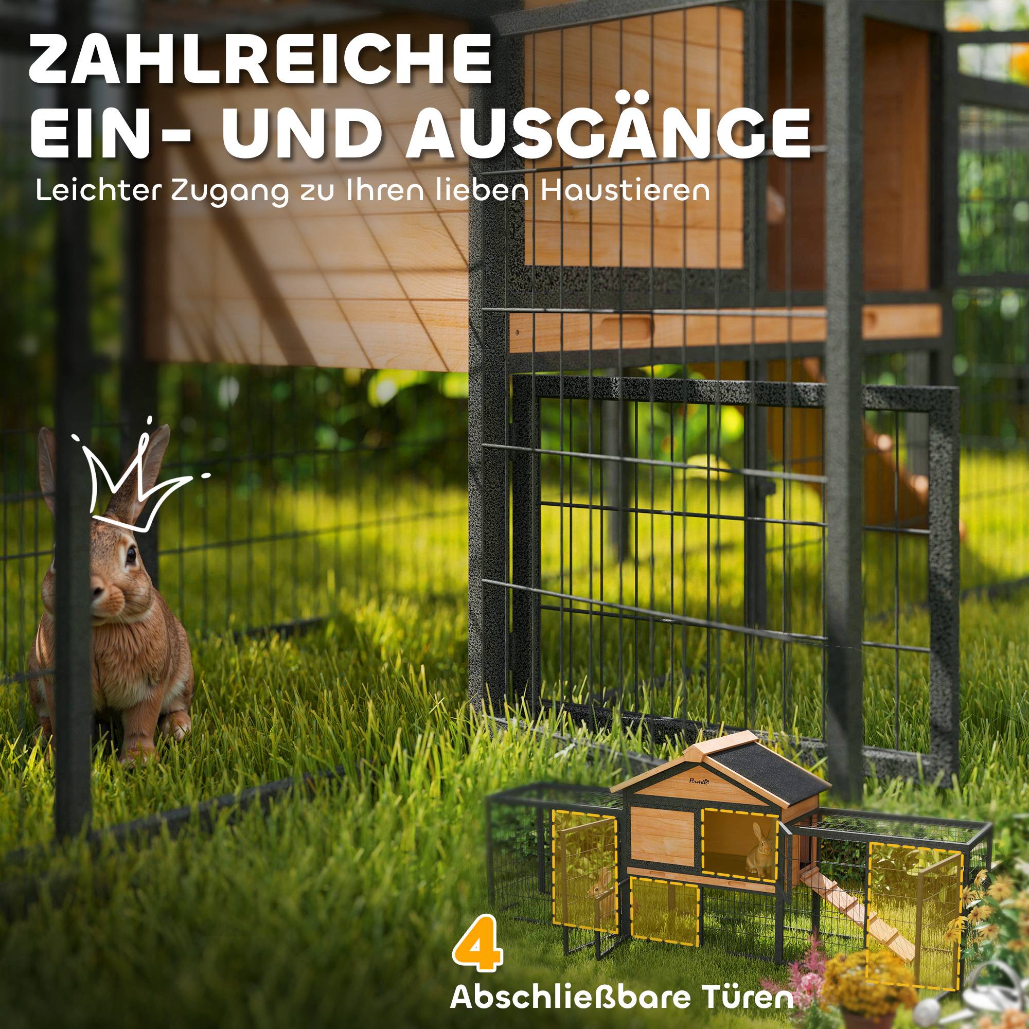 Cage lapins 2 niveaux, bois massif, hiver, duplex avec enclos, 217 x 53 x 86 cm, jaune - Image 8