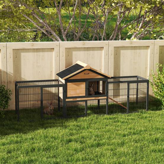 Cage lapins 2 niveaux, bois massif, hiver, duplex avec enclos, 217 x 53 x 86 cm, jaune - Image 3