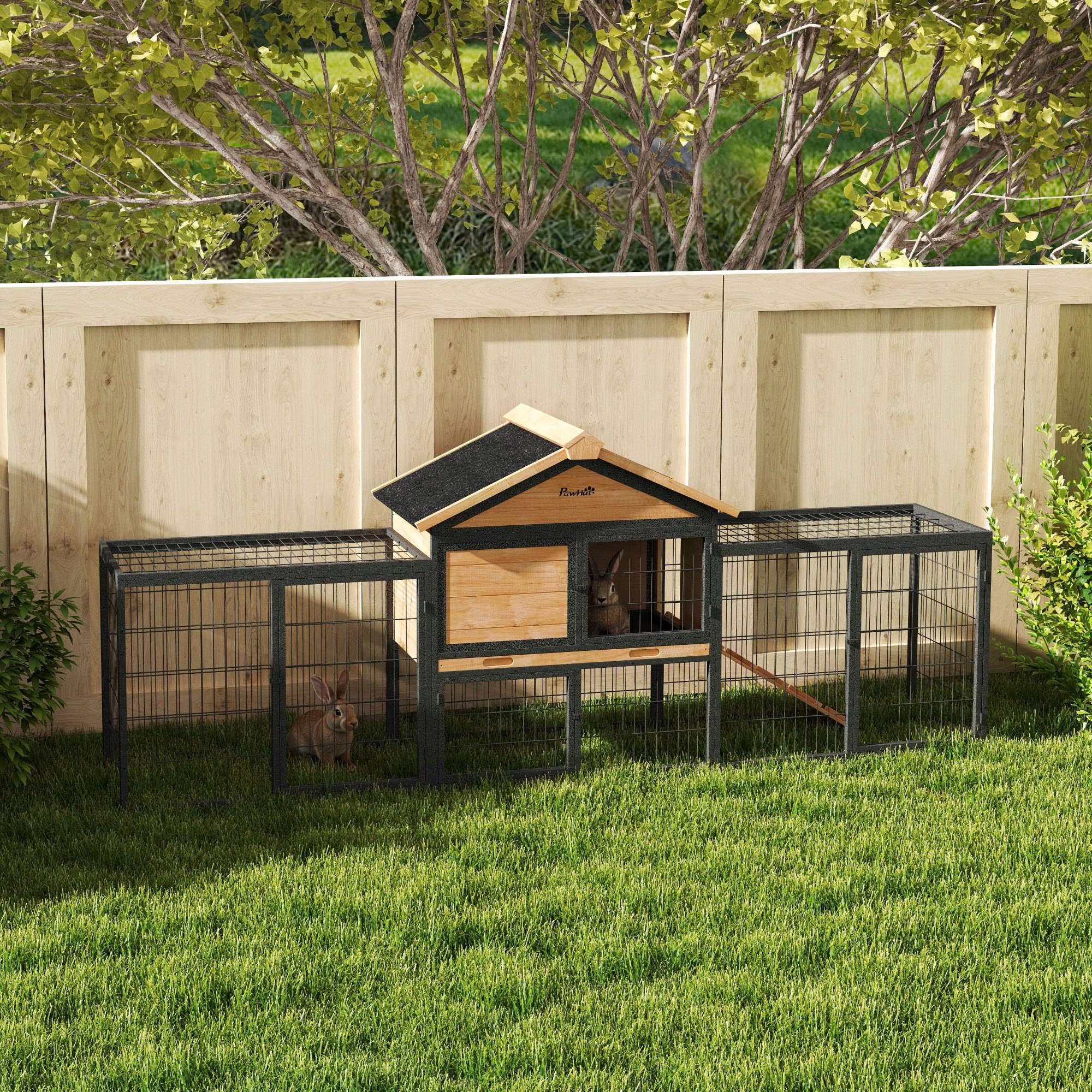 Cage lapins 2 niveaux, bois massif, hiver, duplex avec enclos, 217 x 53 x 86 cm, jaune - Image 3