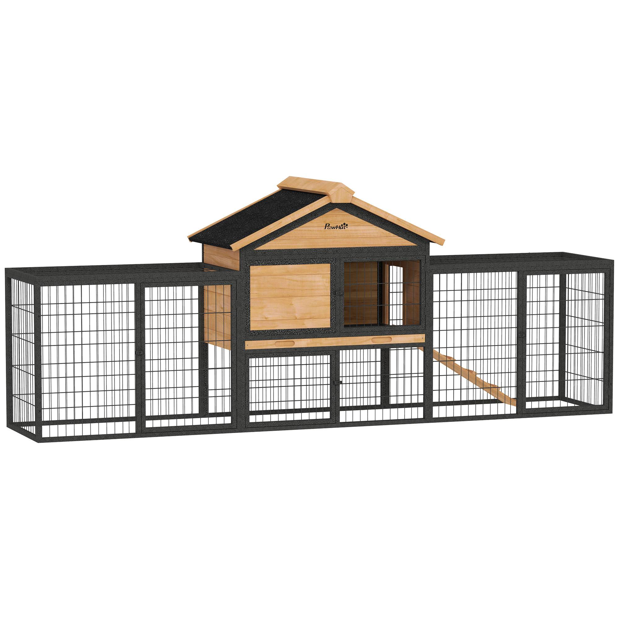 Cage lapins 2 niveaux, bois massif, hiver, duplex avec enclos, 217 x 53 x 86 cm, jaune - Image 1