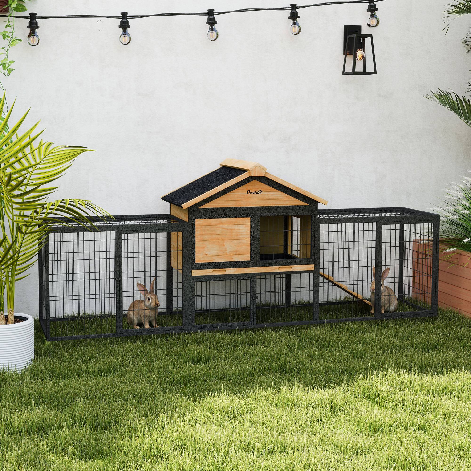 Cage lapins 2 niveaux, bois massif, hiver, duplex avec enclos, 217 x 53 x 86 cm, jaune - Image 4