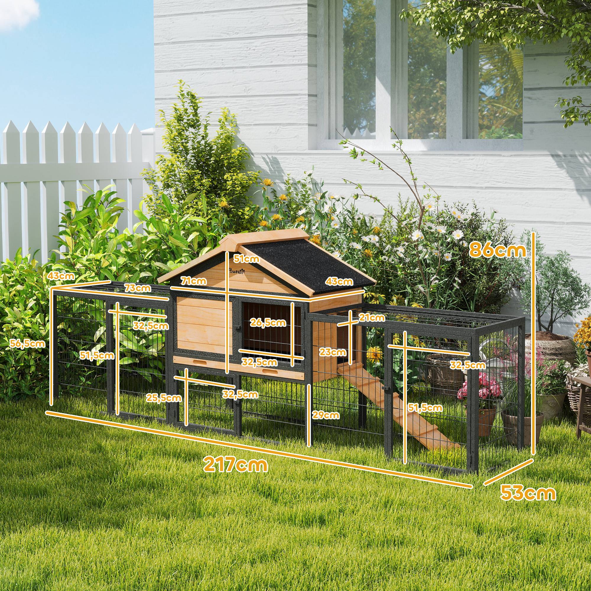 Cage lapins 2 niveaux, bois massif, hiver, duplex avec enclos, 217 x 53 x 86 cm, jaune - Image 5