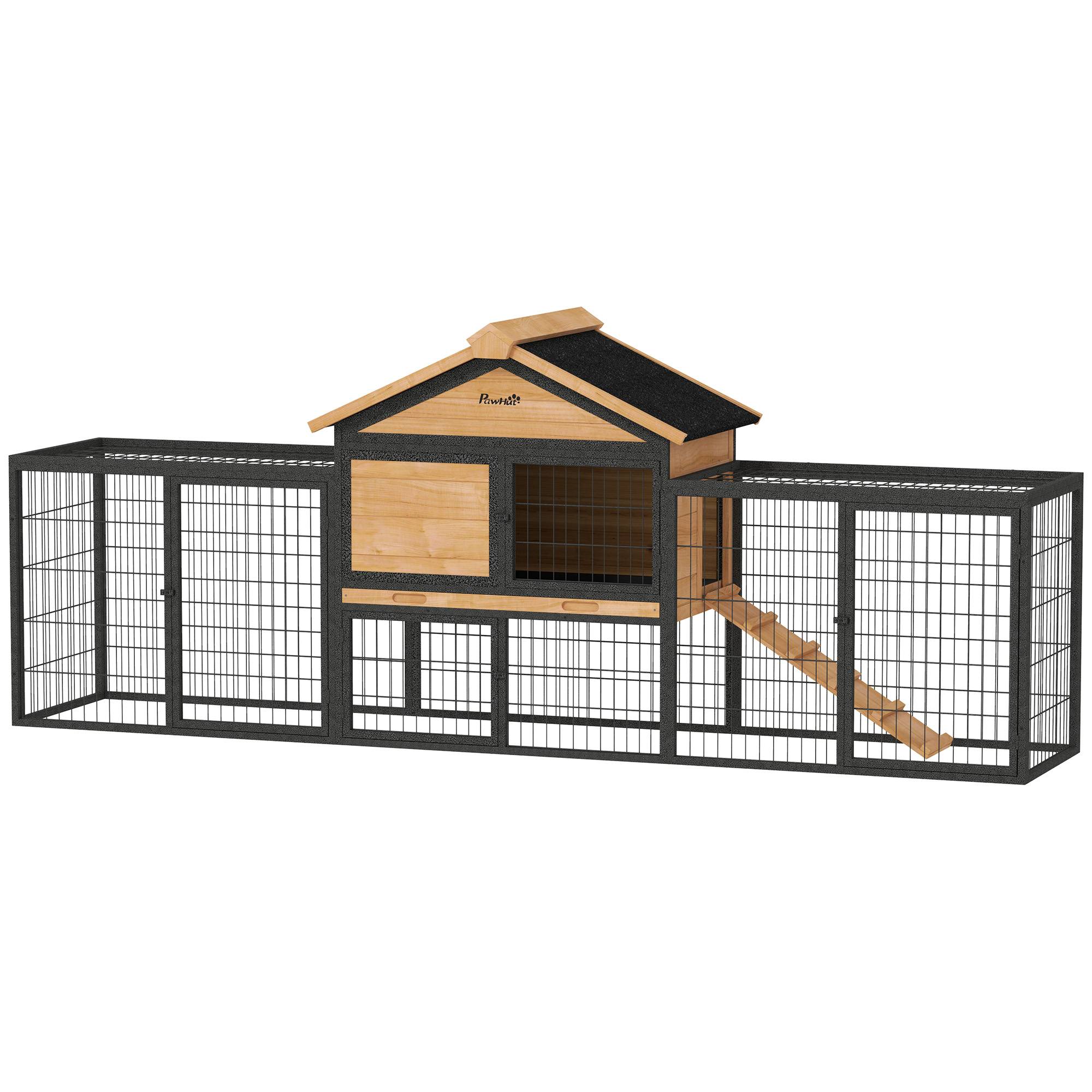 Cage lapins 2 niveaux, bois massif, hiver, duplex avec enclos, 217 x 53 x 86 cm, jaune - Image 2