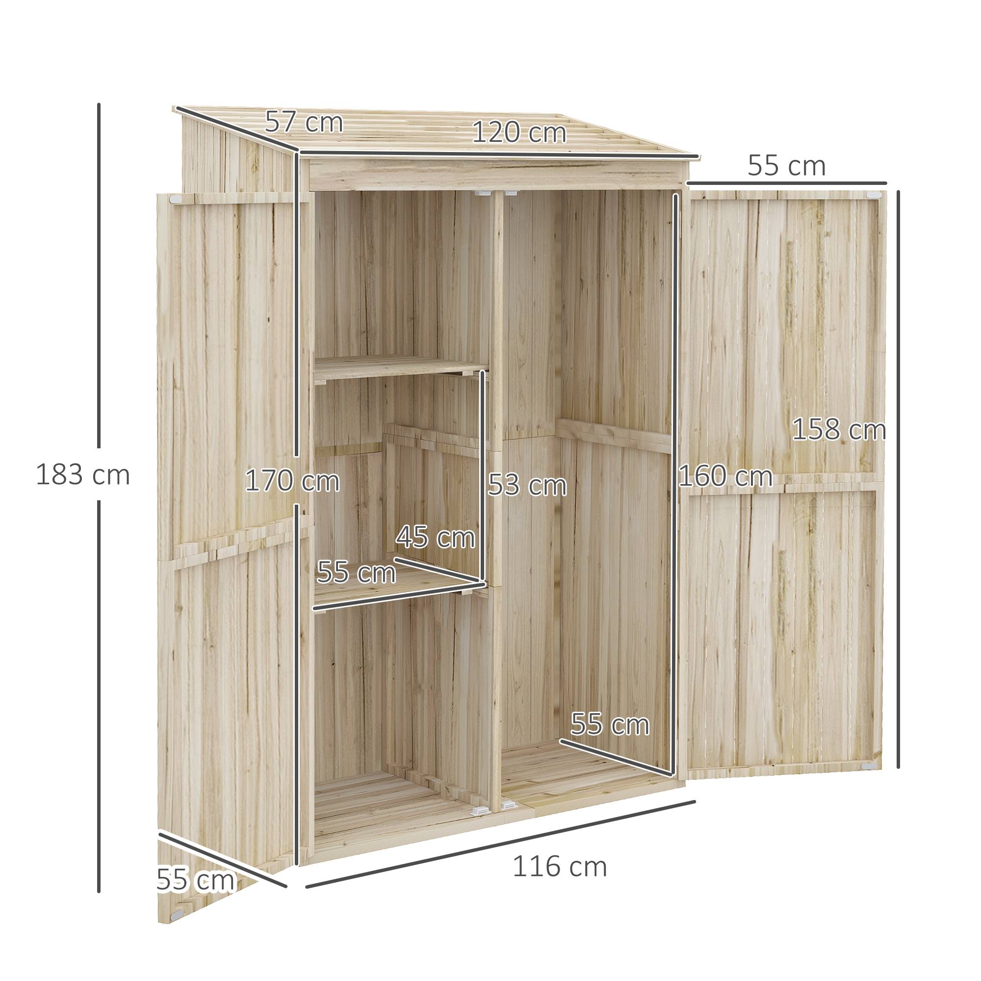 Abri de jardin en sapin avec 2 portes et étagères, 120 x 57 x 183 cm, naturel - Image 4