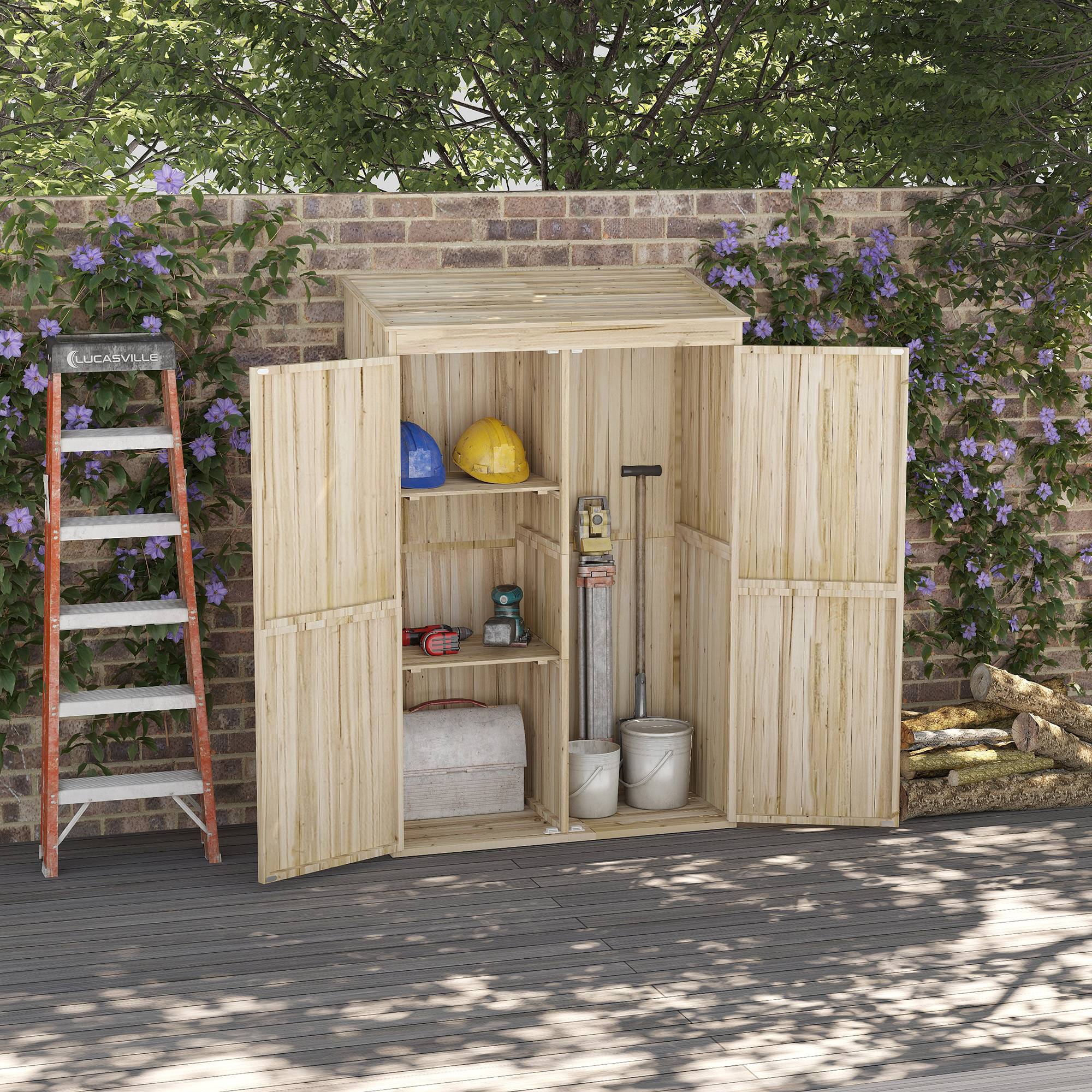 Abri de jardin en sapin avec 2 portes et étagères, 120 x 57 x 183 cm, naturel - Image 2