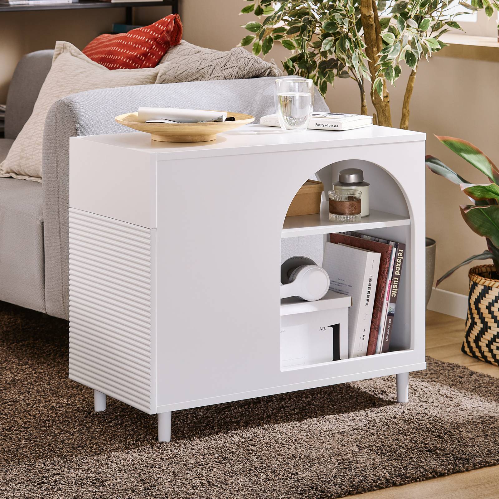 Table d'appoint et bout de canapé avec tiroir et porte, rangement pour salon et bureau, blanc, 70 x 35 x 60 cm, FBT135-W - Image 9