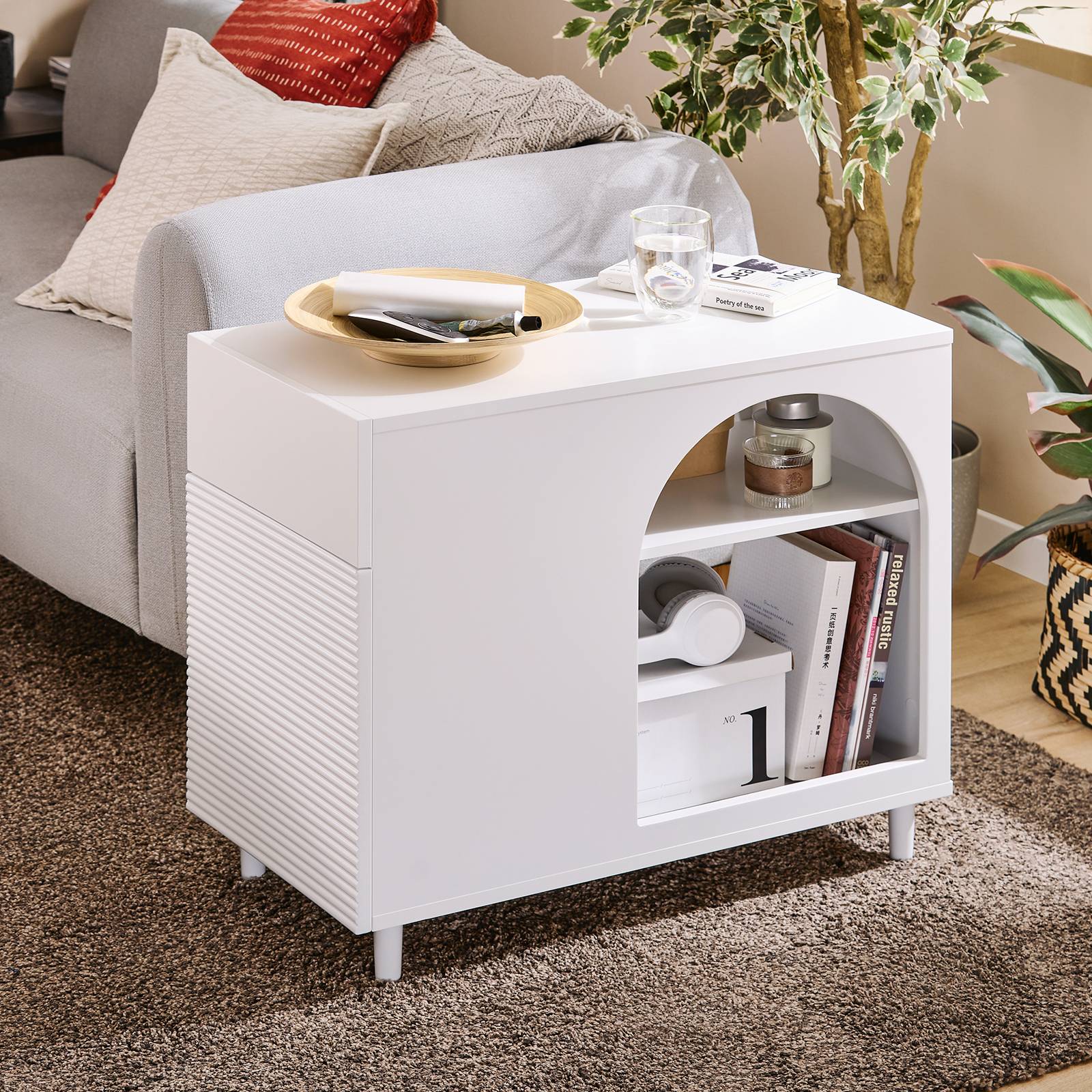 Table d'appoint et bout de canapé avec tiroir et porte, rangement pour salon et bureau, blanc, 70 x 35 x 60 cm, FBT135-W - Image 10