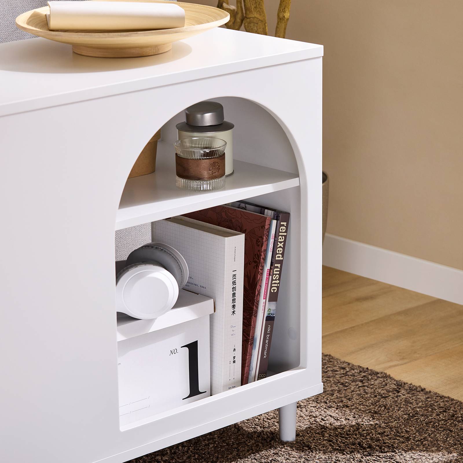 Table d'appoint et bout de canapé avec tiroir et porte, rangement pour salon et bureau, blanc, 70 x 35 x 60 cm, FBT135-W - Image 6
