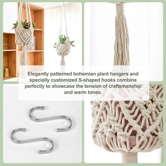 Lot de 2 Cintres Macramé Blancs - Pour Pots jusqu'à 20cm - Crochets Acier Inoxydable - Image 5