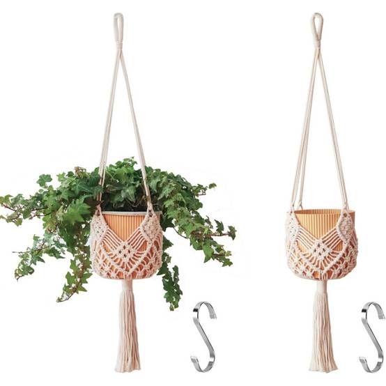 Lot de 2 Cintres Macramé Blancs - Pour Pots jusqu'à 20cm - Crochets Acier Inoxydable - Image 2