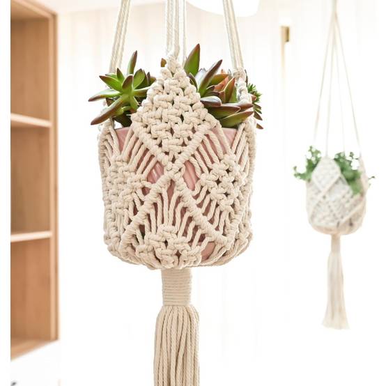 Lot de 2 Cintres Macramé Blancs - Pour Pots jusqu'à 20cm - Crochets Acier Inoxydable - Image 1