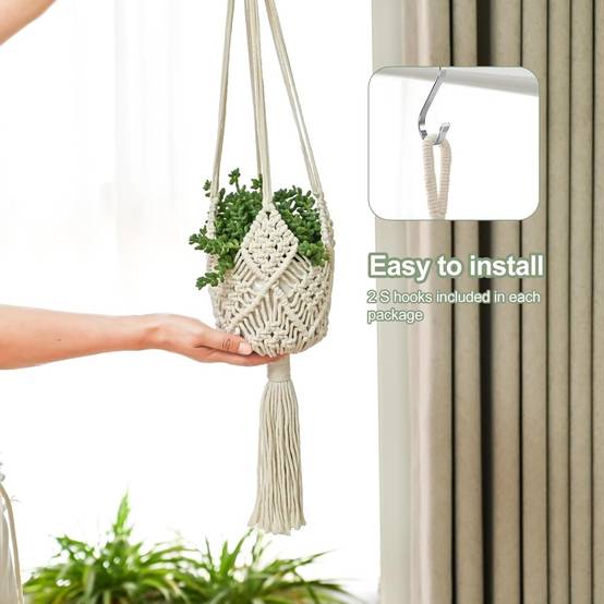 Lot de 2 Cintres Macramé Blancs - Pour Pots jusqu'à 20cm - Crochets Acier Inoxydable - Image 4