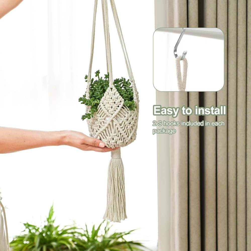 Lot de 2 Cintres Macramé Blancs - Pour Pots jusqu'à 20cm - Crochets Acier Inoxydable - Image 4