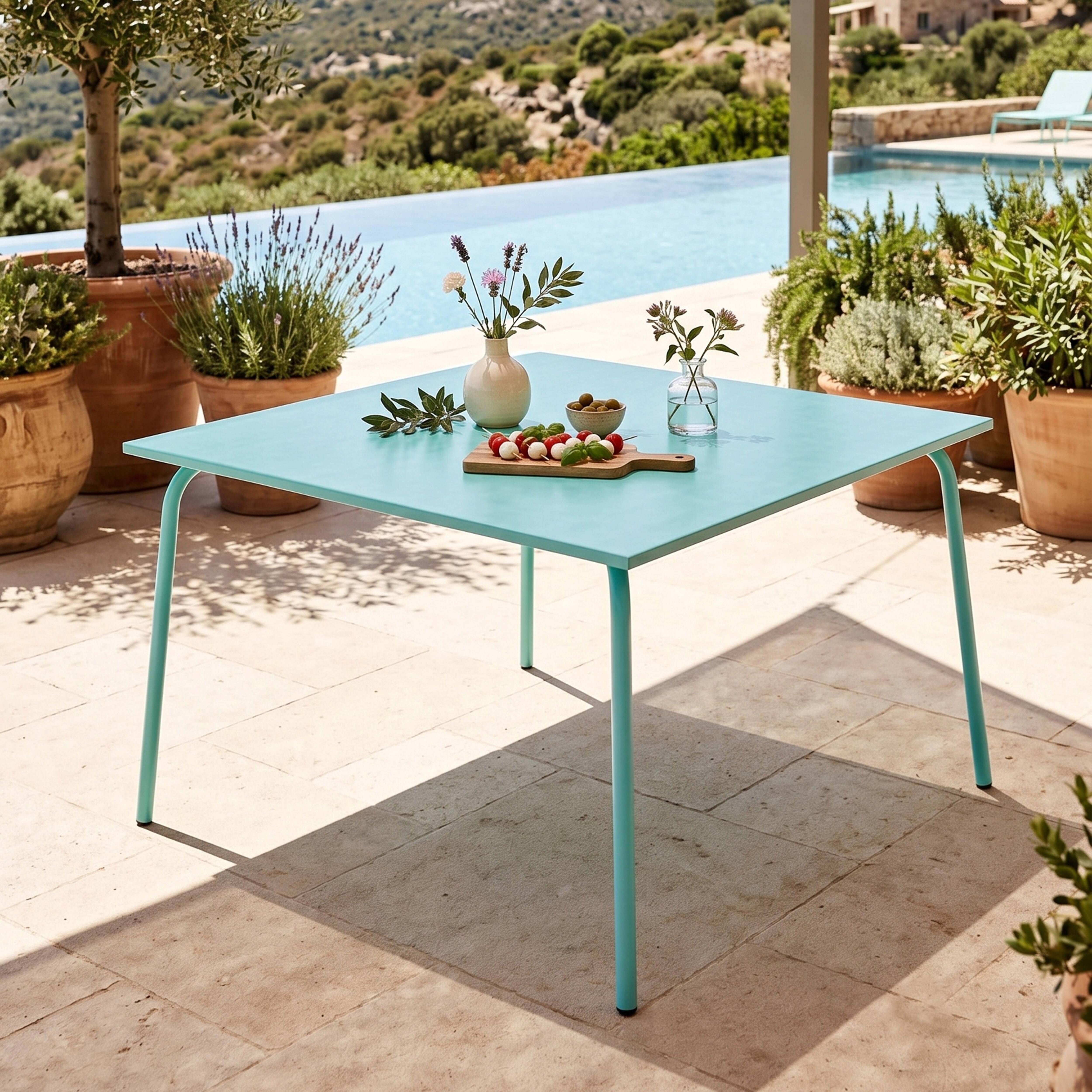 Oviala - Table de jardin carrée en acier 8 places 120 cm turquoise Palavas - Oviala - Imagen 2