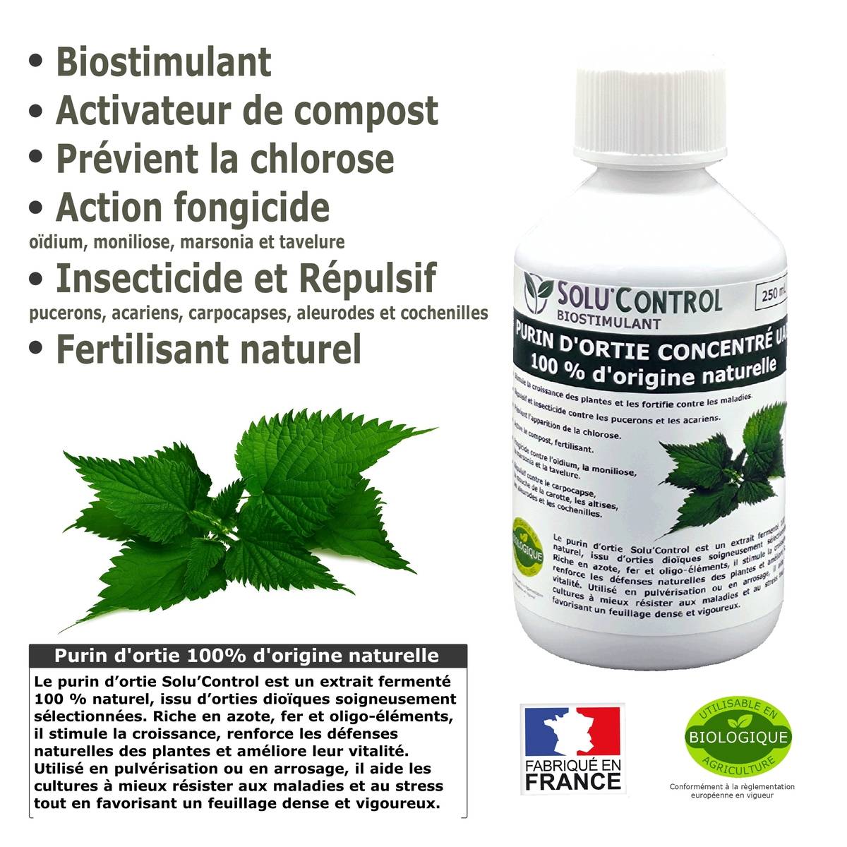 SOLU'CONTROL - Purin d’Ortie Naturel  – 250 ml – Produit Végétal – Stimule la Croissance et Renforce les Plantes - Image 2
