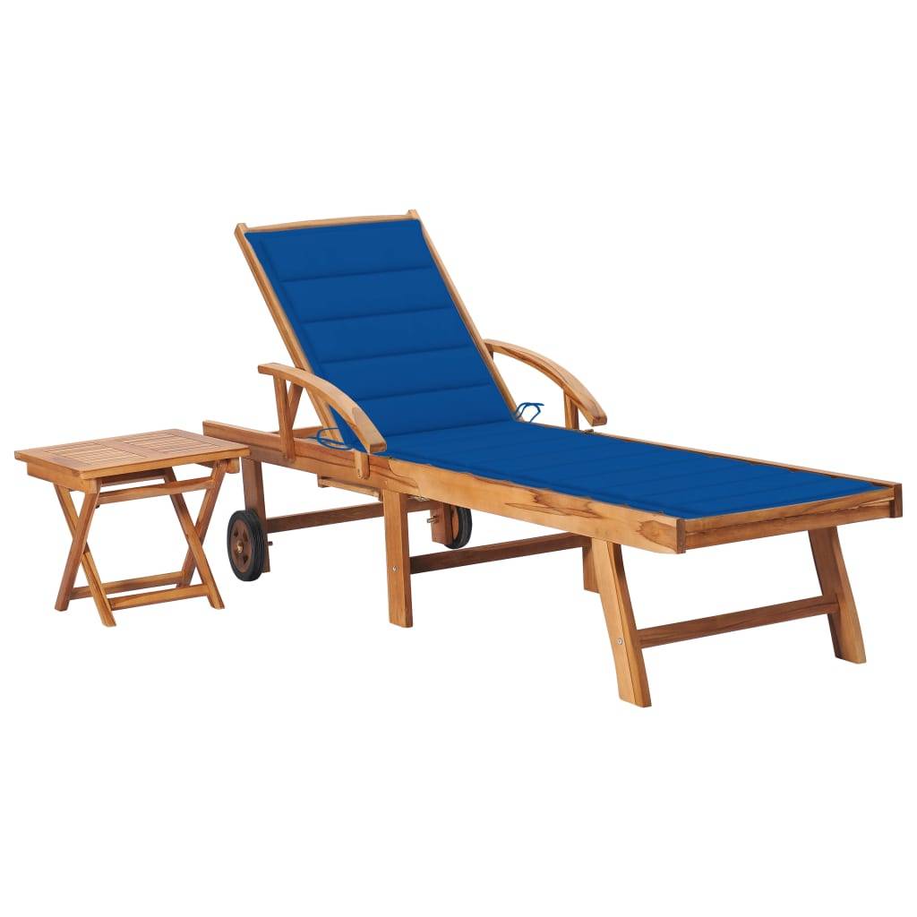 Helloshop26 - Transat chaise longue bain de soleil lit de jardin terrasse meuble d'extérieur 195 cm avec table et coussin bois de teck solide - Imagen 1
