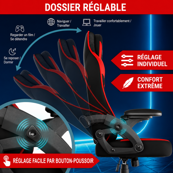 Chaise de bureau gaming Rouge ergonomique coussin réglable 150kg Roulettes universelles pivotant - Image 3