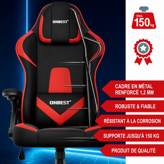 Chaise de bureau gaming Rouge ergonomique coussin réglable 150kg Roulettes universelles pivotant - Image 5