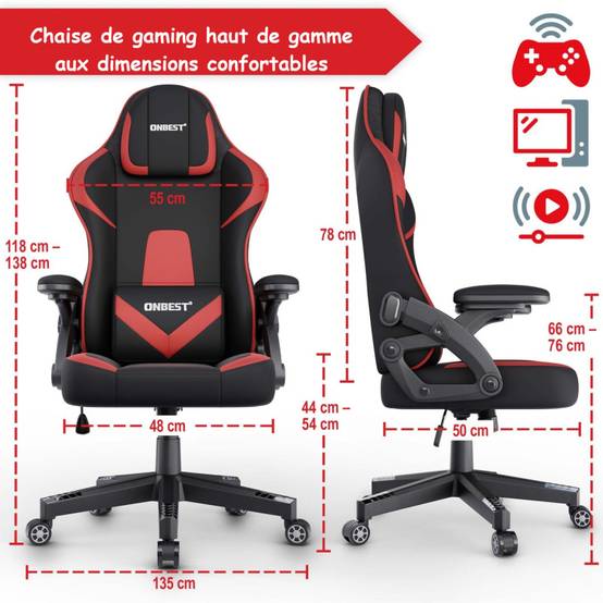 Chaise de bureau gaming Rouge ergonomique coussin réglable 150kg Roulettes universelles pivotant - Image 2
