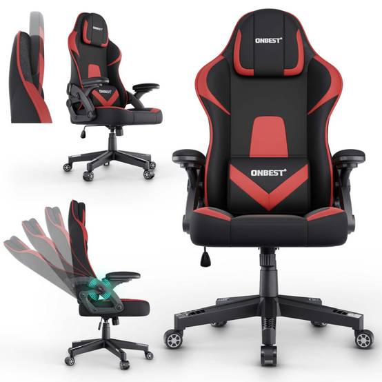 Chaise de bureau gaming Rouge ergonomique coussin réglable 150kg Roulettes universelles pivotant - Image 6