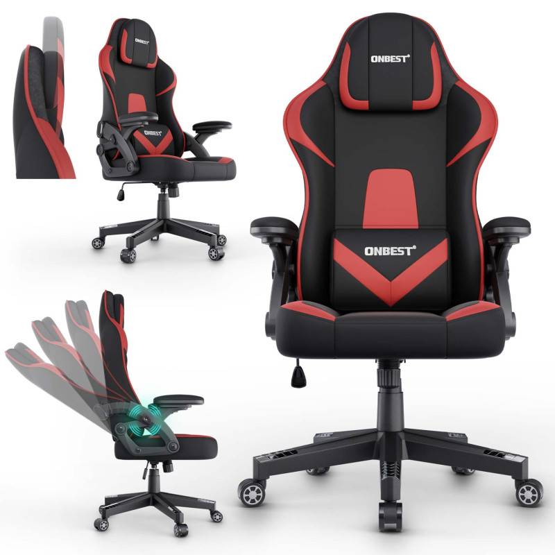 Chaise de bureau gaming Rouge ergonomique coussin réglable 150kg  Roulettes universelles pivotant - Image 6