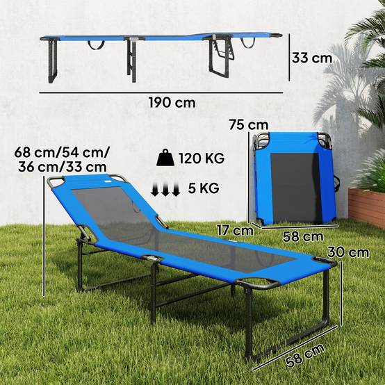 Sans Marque - Chaise longue pliante, dossier réglable en 4 positions, poignée de transport, couleur bleue. - Image 4
