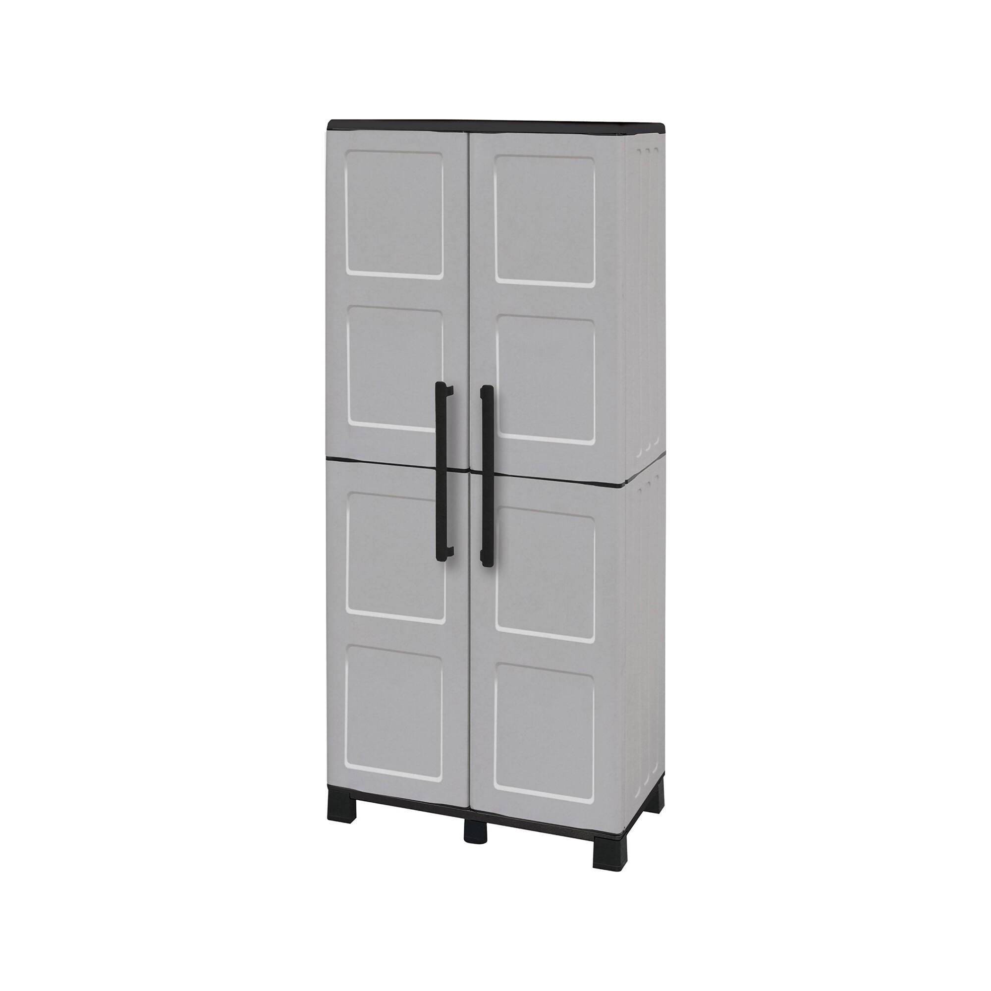 Dmora - Armoire d'extérieur Dbettell, Armoire à balais, Armoire d'extérieur 2 portes, 68x37h169 cm, Gris clair et noir, Finition damier - Dmora - Imagen 1