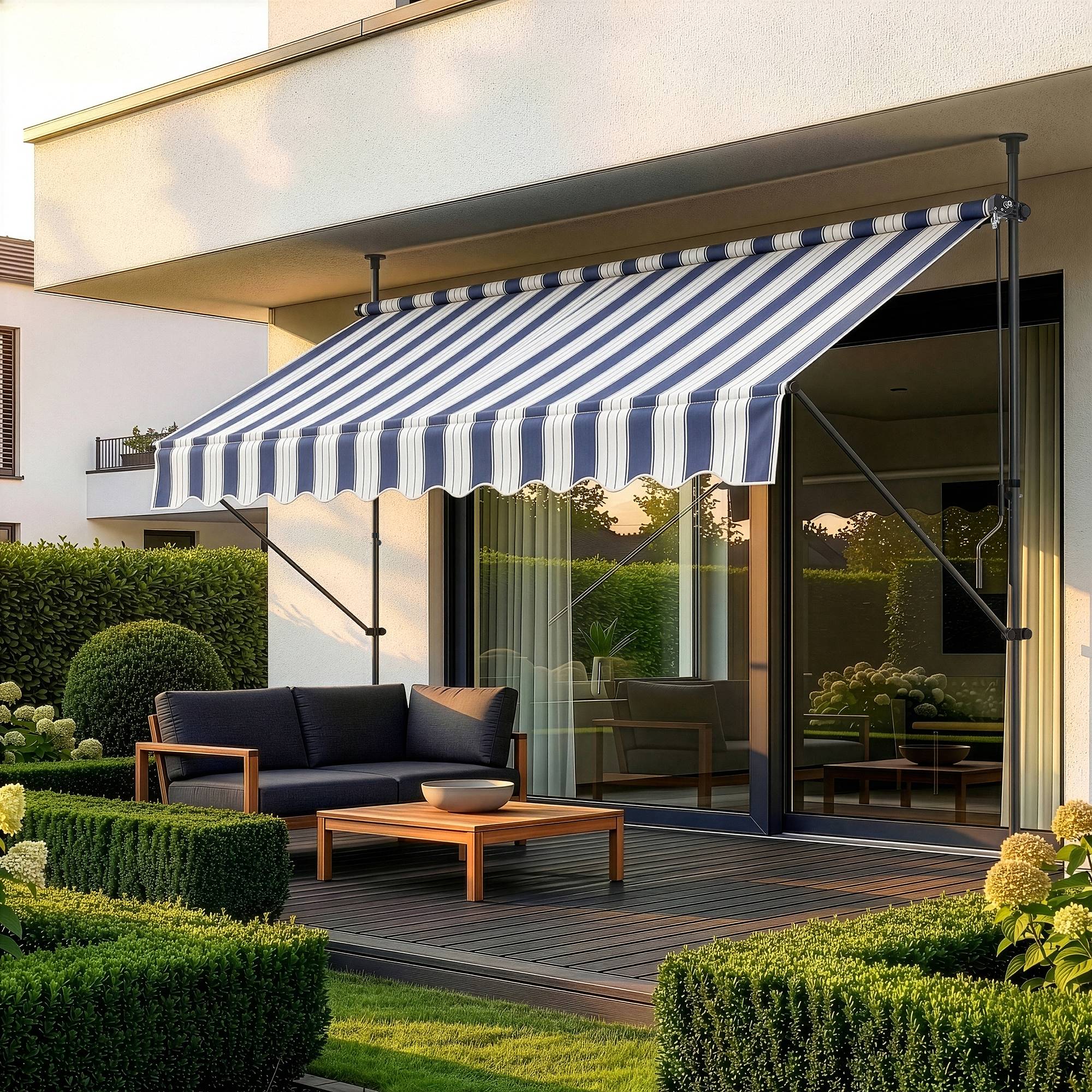 Pro.Tec - Store Banne Téléscopique Acier Polyester 200 x 120 x 220-309 cm Bleu Foncé Blanc [pro.tec] - Imagen 1