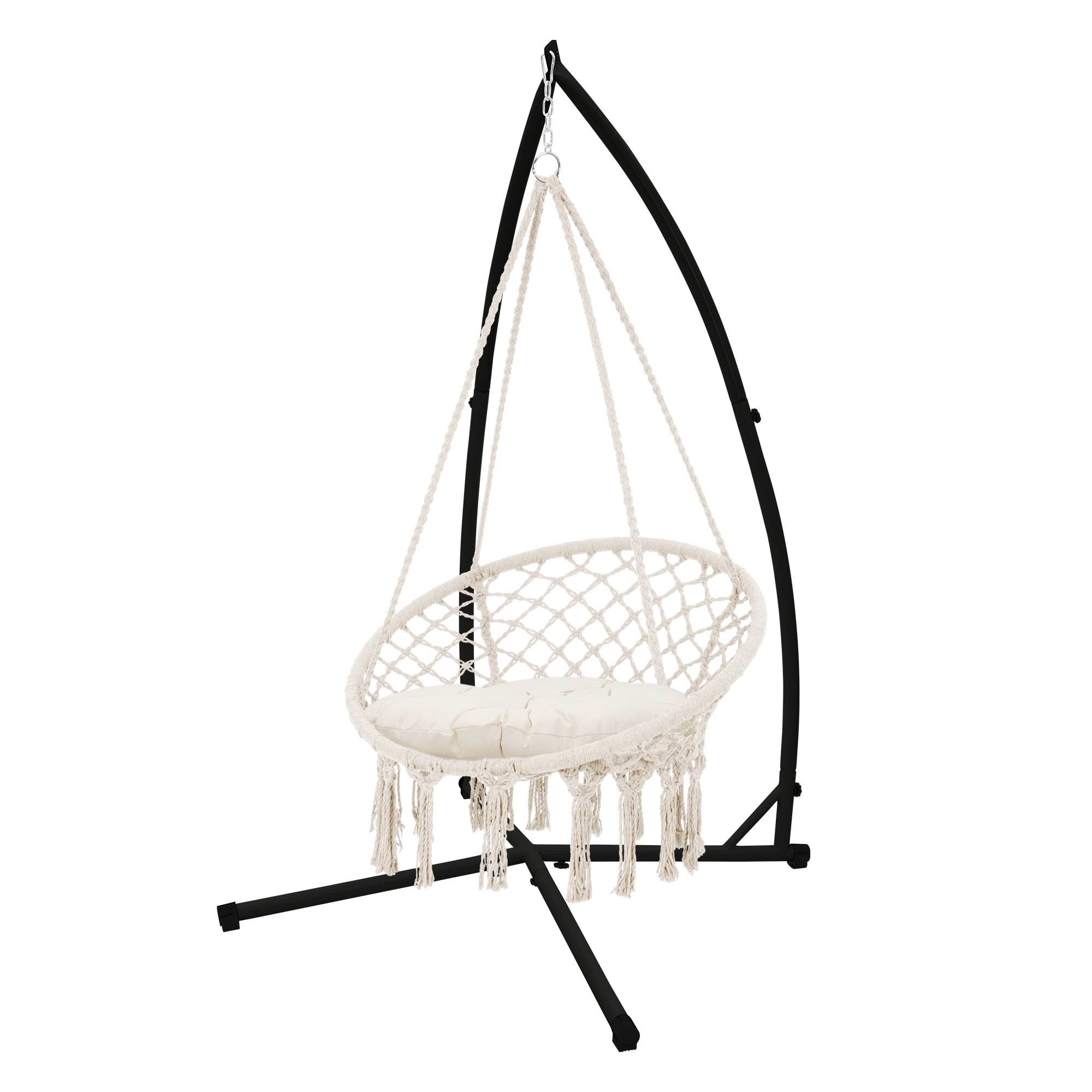 Ml-Design - Fauteuil Suspendu avec Coussin Beige et Support Noir 208 cm, Style Boho, Design Macramé, Coton, Ø 60 cm, 120 kg - Imagen 1