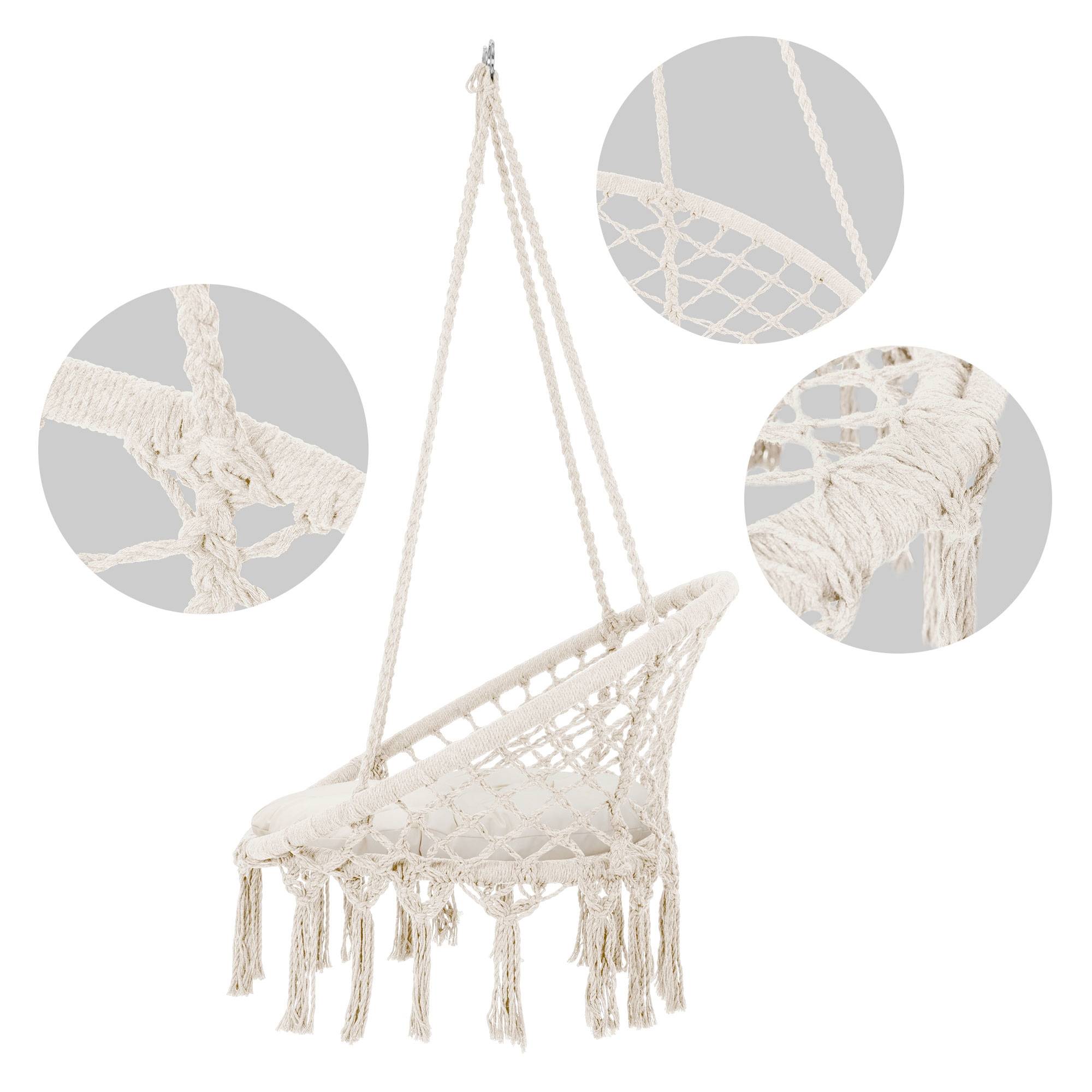 Ml-Design - Fauteuil Suspendu avec Coussin Beige et Support Noir 208 cm, Style Boho, Design Macramé, Coton, Ø 60 cm, 120 kg - Imagen 7