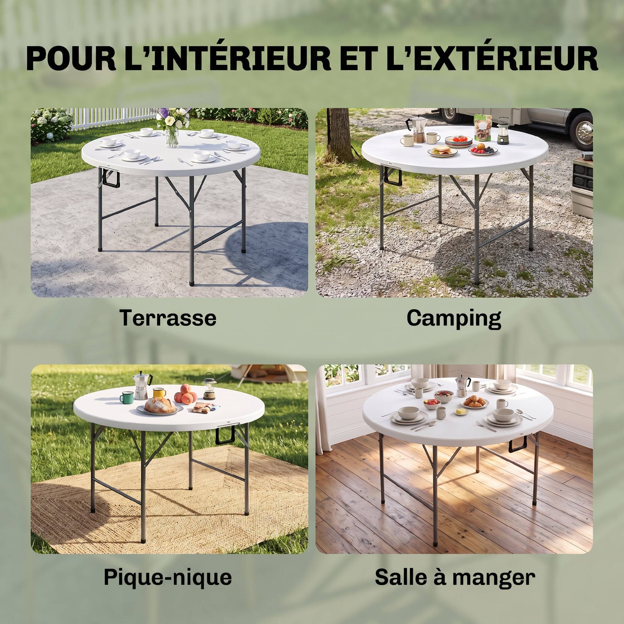 Table pliante jardin camping acier et HDPE, Ø122x73 cm, gris et blanc - Image 9