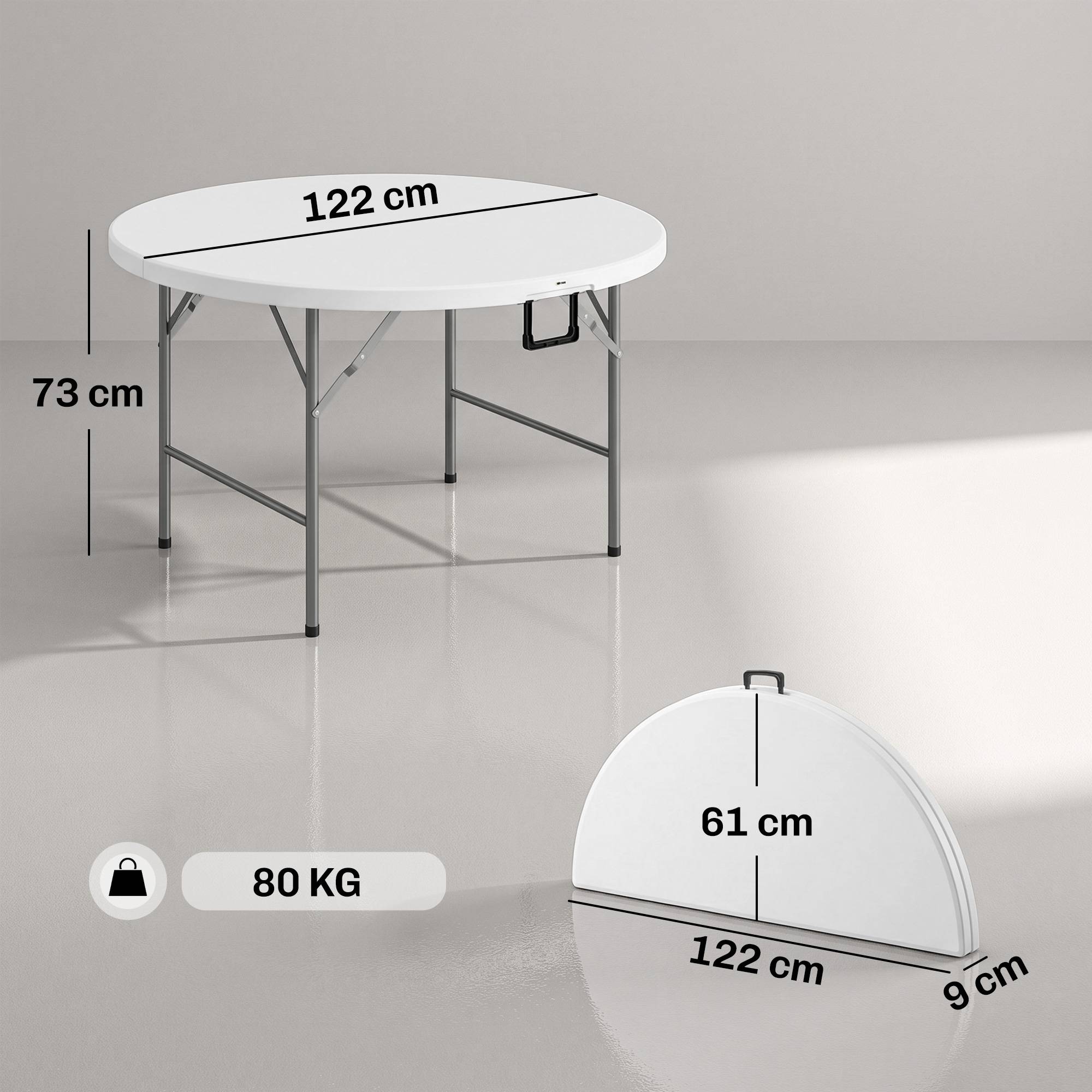 Table pliante jardin camping acier et HDPE, Ø122x73 cm, gris et blanc - Image 5