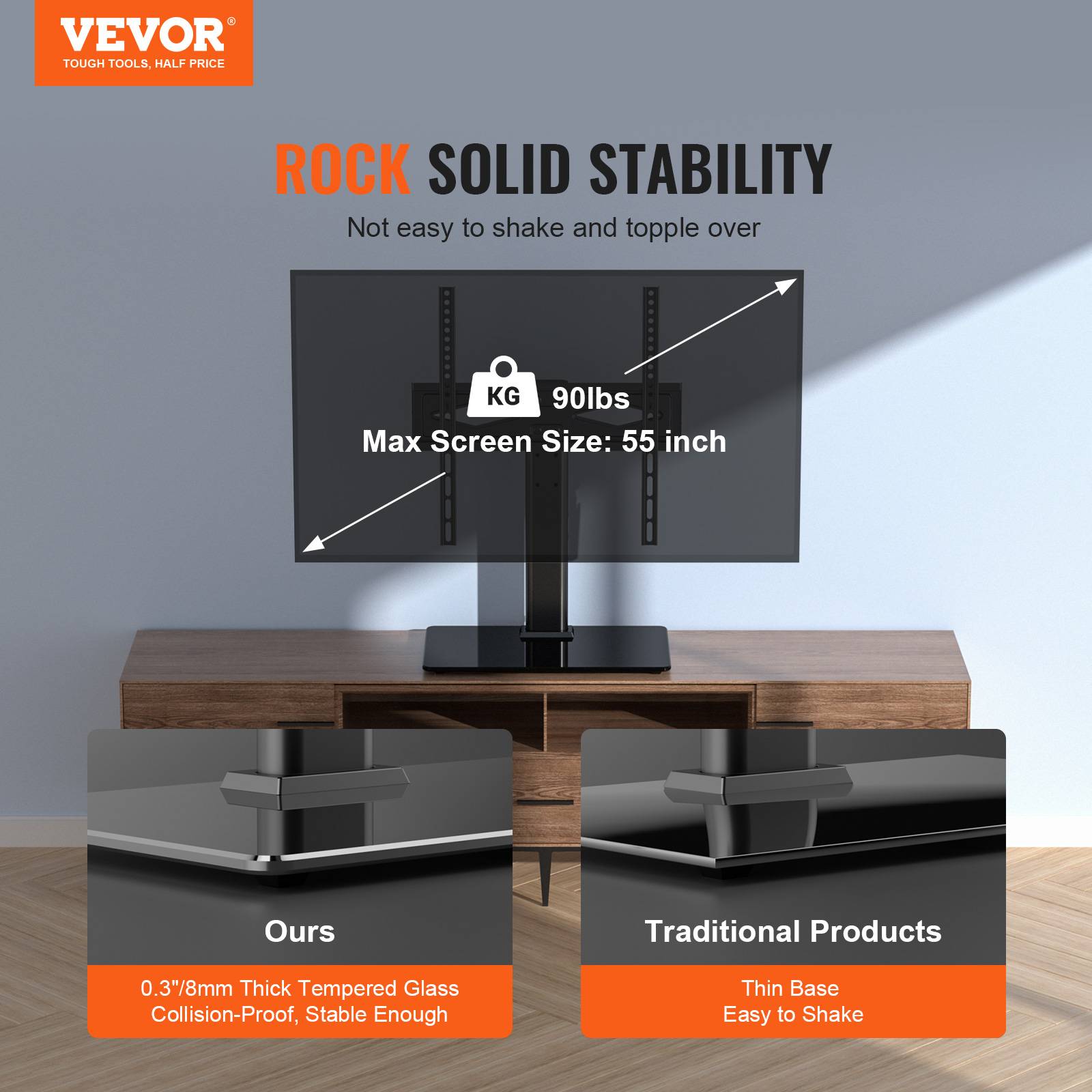 VEVOR Support TV pied 32-55", pivotant, H régl.61,5-67cm, ch.41kg, maison/bureau. - Image 2