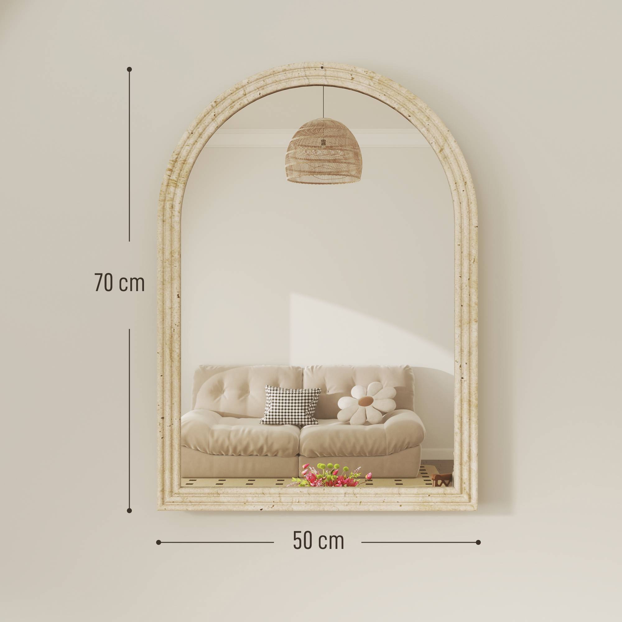 Sans Marque - Miroir mural arqué miroir moderne bord rainuré crochets verre trempé polystyrène 50x70 cm beige - Image 5