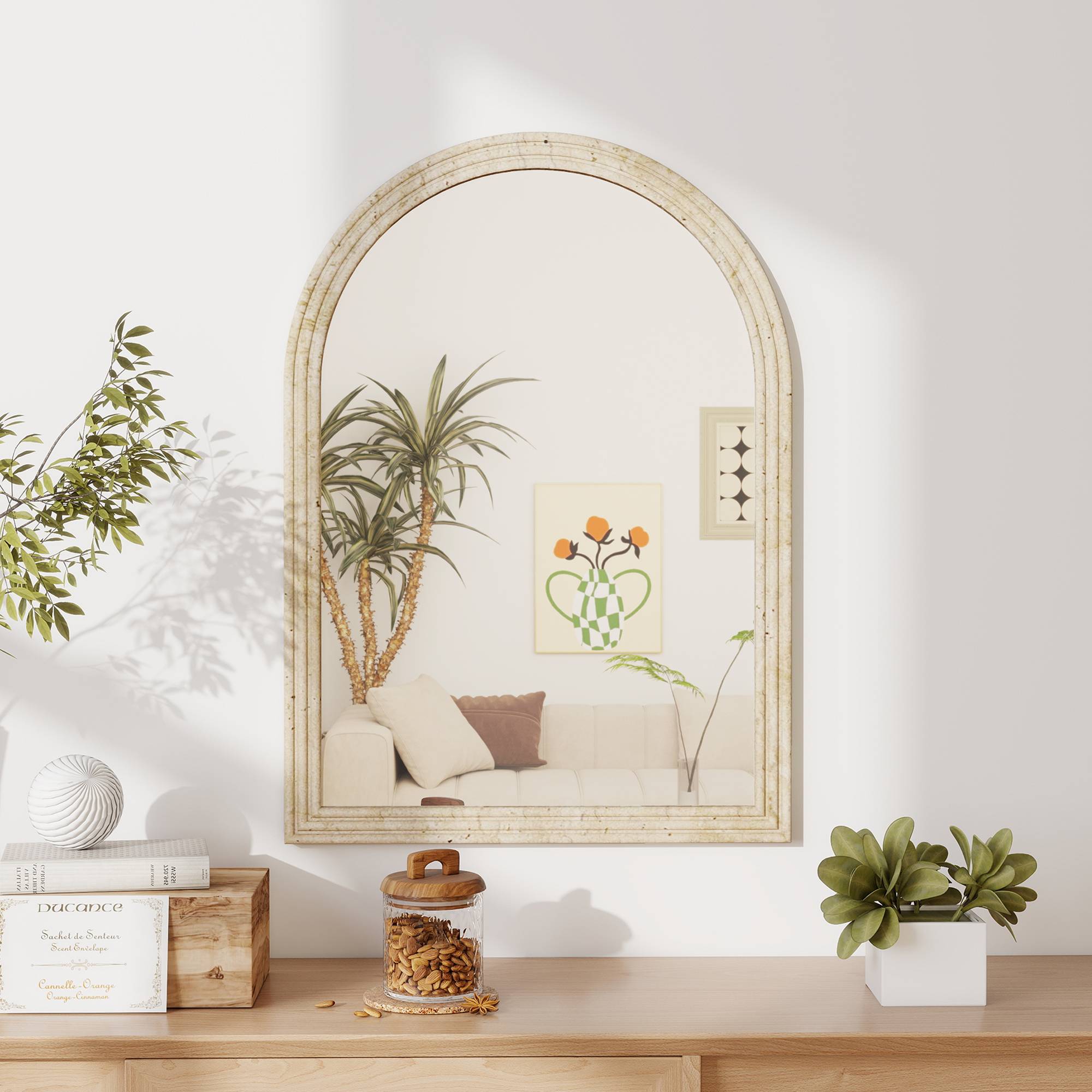 Sans Marque - Miroir mural arqué miroir moderne bord rainuré crochets verre trempé polystyrène 50x70 cm beige - Image 4