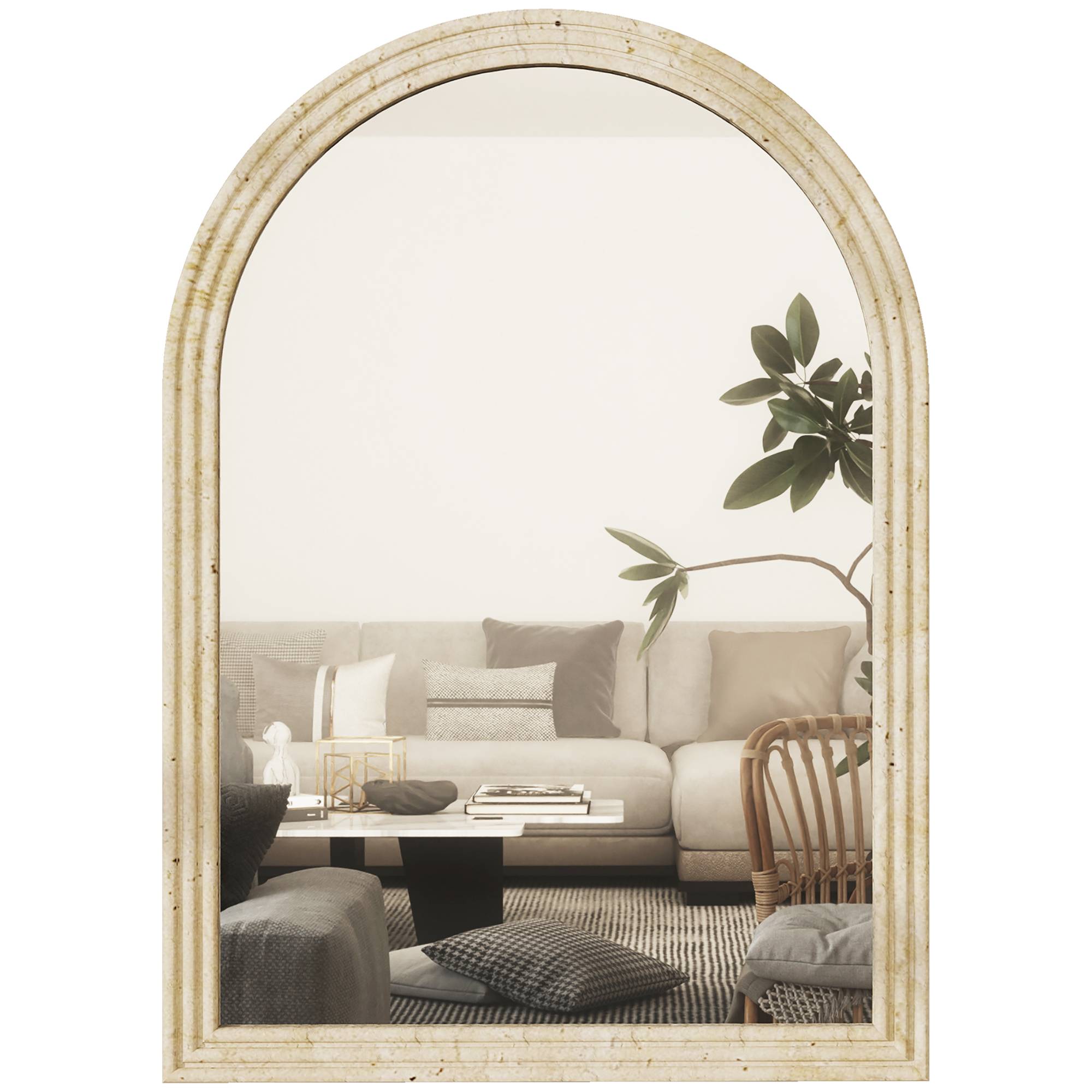 Sans Marque - Miroir mural arqué miroir moderne bord rainuré crochets verre trempé polystyrène 50x70 cm beige - Image 1