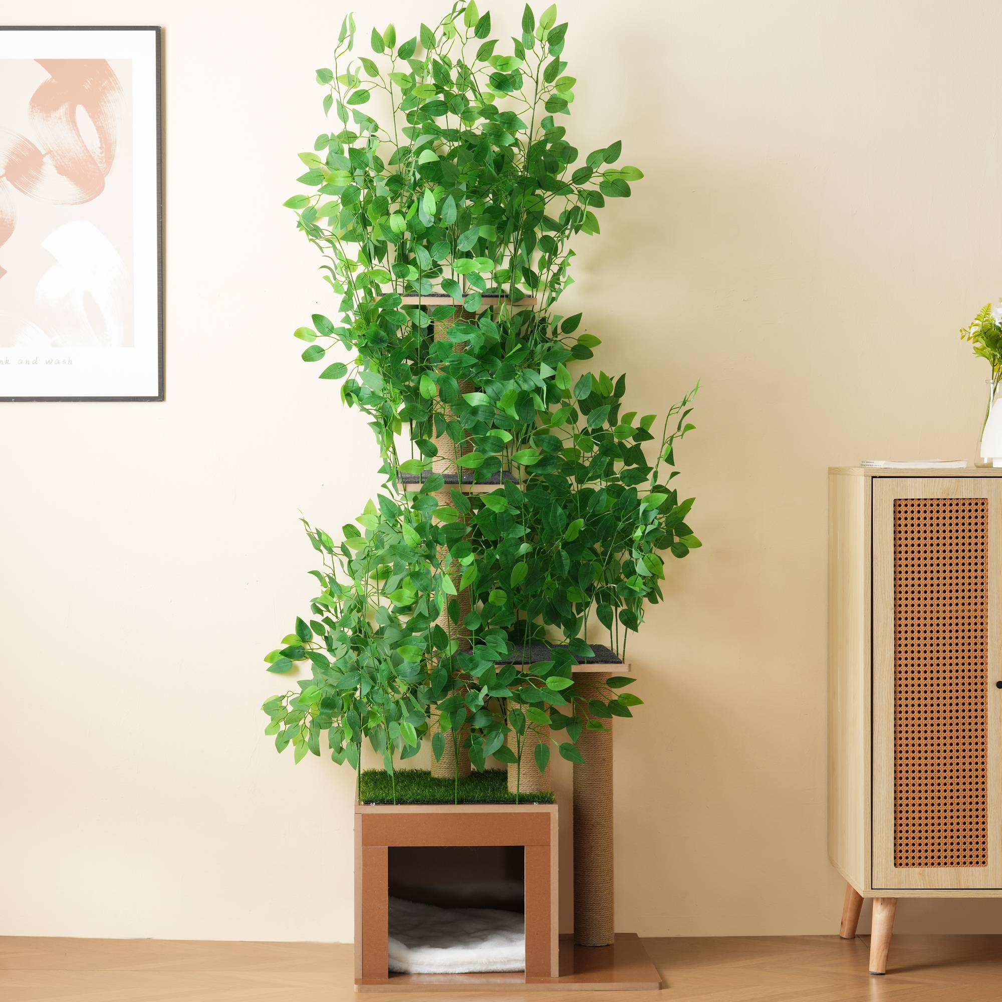 Arbre à Chat Sapin 190 cm avec 4 Plateformes et Trous, Feuilles Amovibles, MDF Résistant aux Griffures, Design Sécurisé pour Grimper et Se Cacher - Image 2