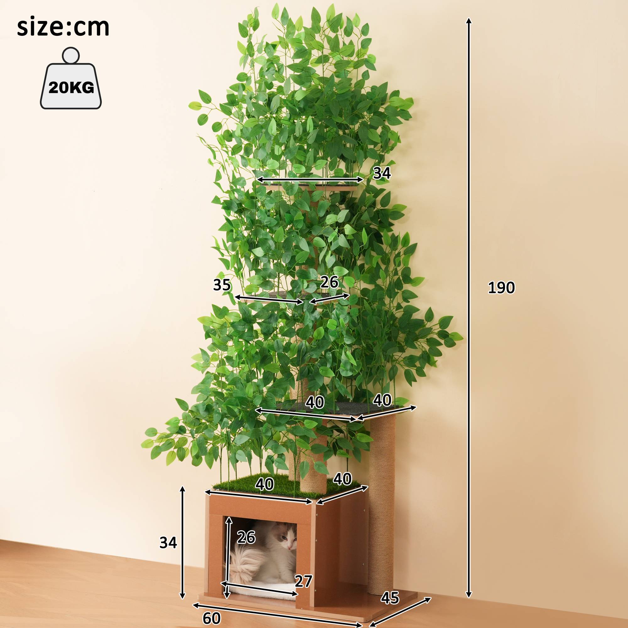 Arbre à Chat Sapin 190 cm avec 4 Plateformes et Trous, Feuilles Amovibles, MDF Résistant aux Griffures, Design Sécurisé pour Grimper et Se Cacher - Image 7