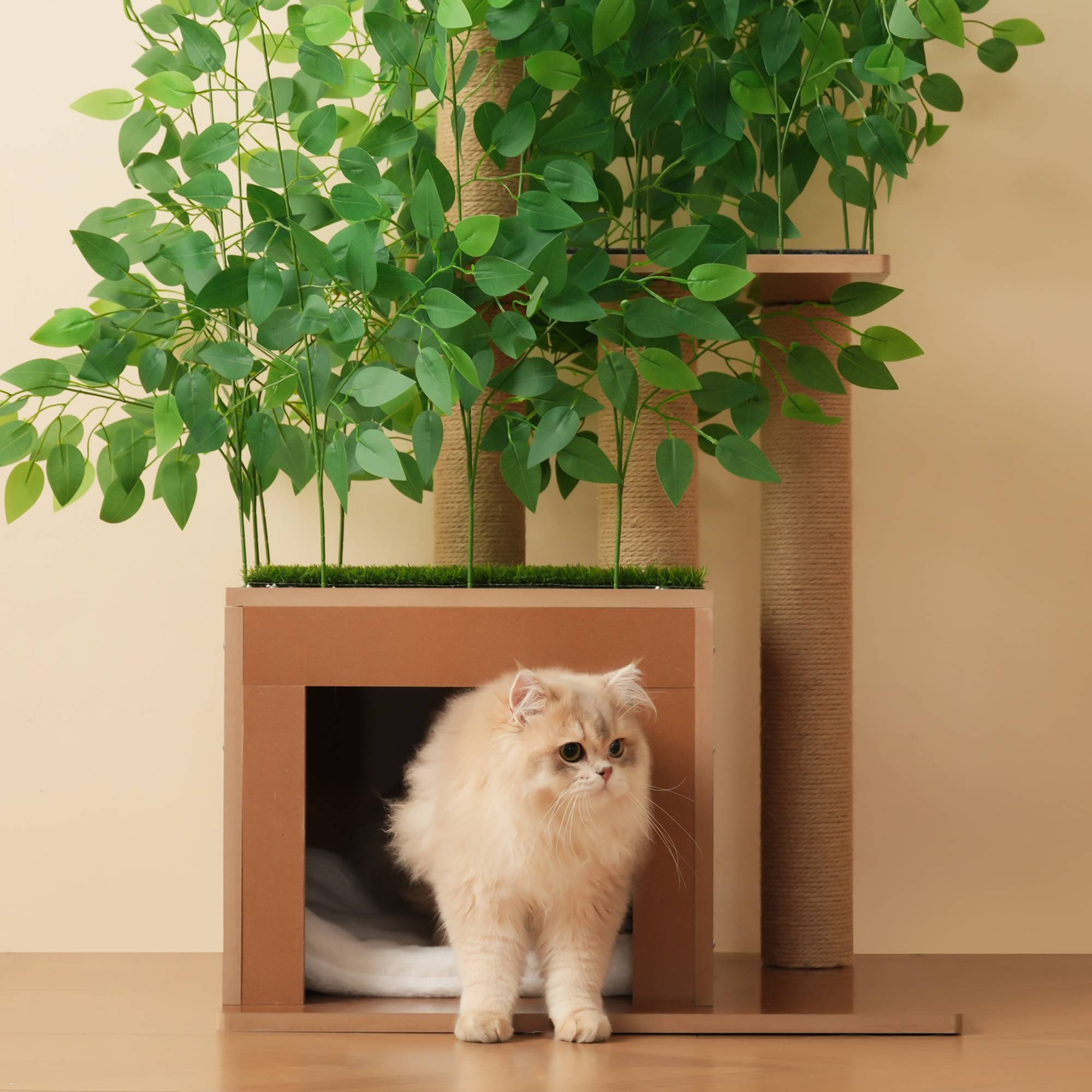 Arbre à Chat Sapin 190 cm avec 4 Plateformes et Trous, Feuilles Amovibles, MDF Résistant aux Griffures, Design Sécurisé pour Grimper et Se Cacher - Image 5