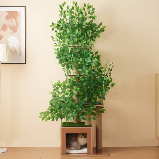 Arbre à Chat Sapin 190 cm avec 4 Plateformes et Trous, Feuilles Amovibles, MDF Résistant aux Griffures, Design Sécurisé pour Grimper et Se Cacher - Image 1