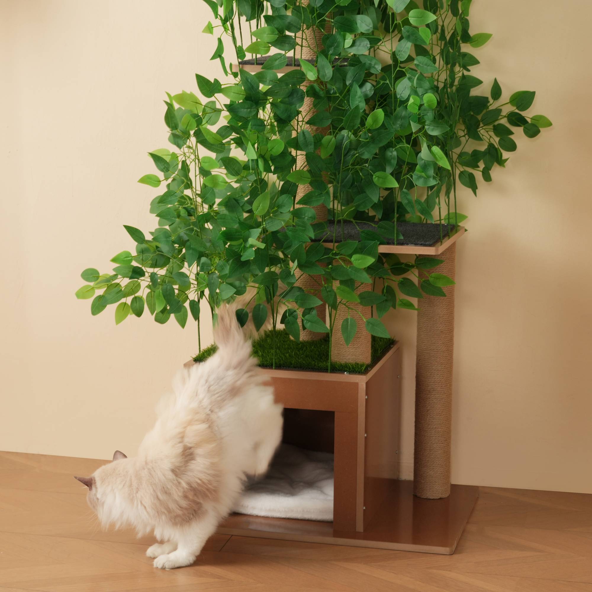 Arbre à Chat Sapin 190 cm avec 4 Plateformes et Trous, Feuilles Amovibles, MDF Résistant aux Griffures, Design Sécurisé pour Grimper et Se Cacher - Image 6