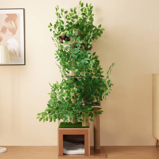 Arbre à Chat Sapin 190 cm avec 4 Plateformes et Trous, Feuilles Amovibles, MDF Résistant aux Griffures, Design Sécurisé pour Grimper et Se Cacher - Image 3