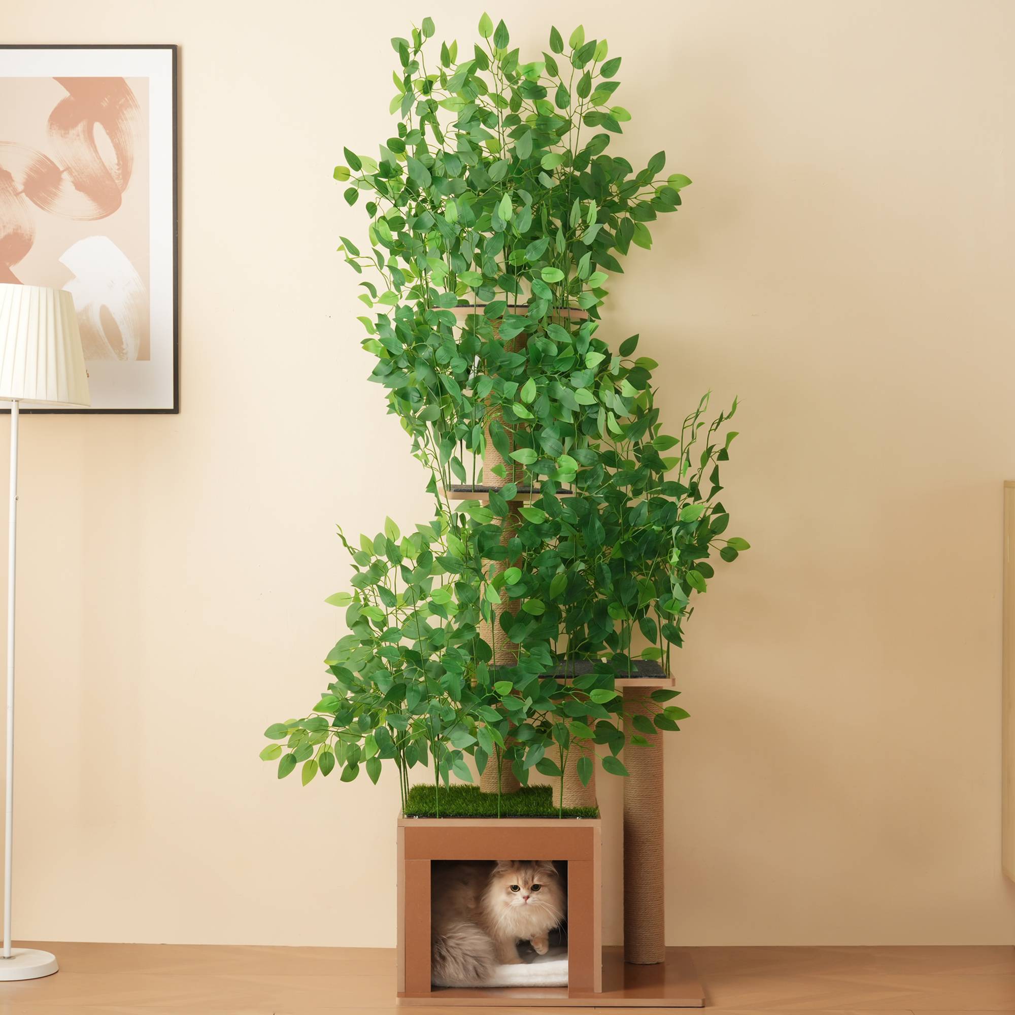 Arbre à Chat Sapin 190 cm avec 4 Plateformes et Trous, Feuilles Amovibles, MDF Résistant aux Griffures, Design Sécurisé pour Grimper et Se Cacher - Image 4