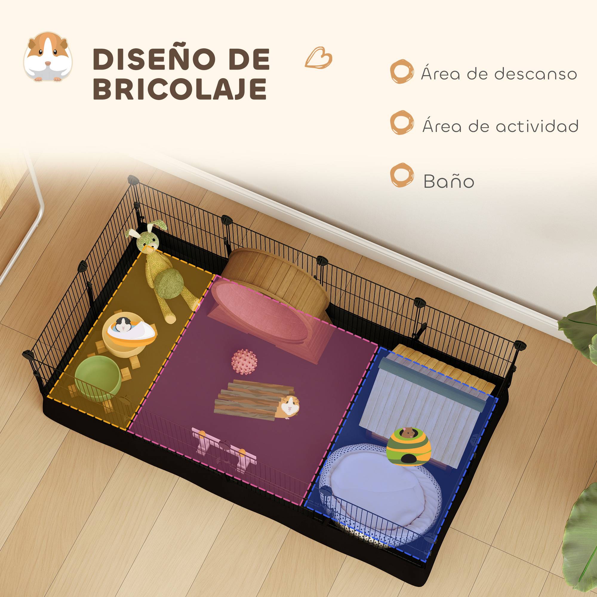 Enclos métallique pour animaux de compagnie de 12 panneaux DIY, tapis imperméable, parc pour cochons d'Inde, hérissons 120x60x40 cm Noir - Image 7