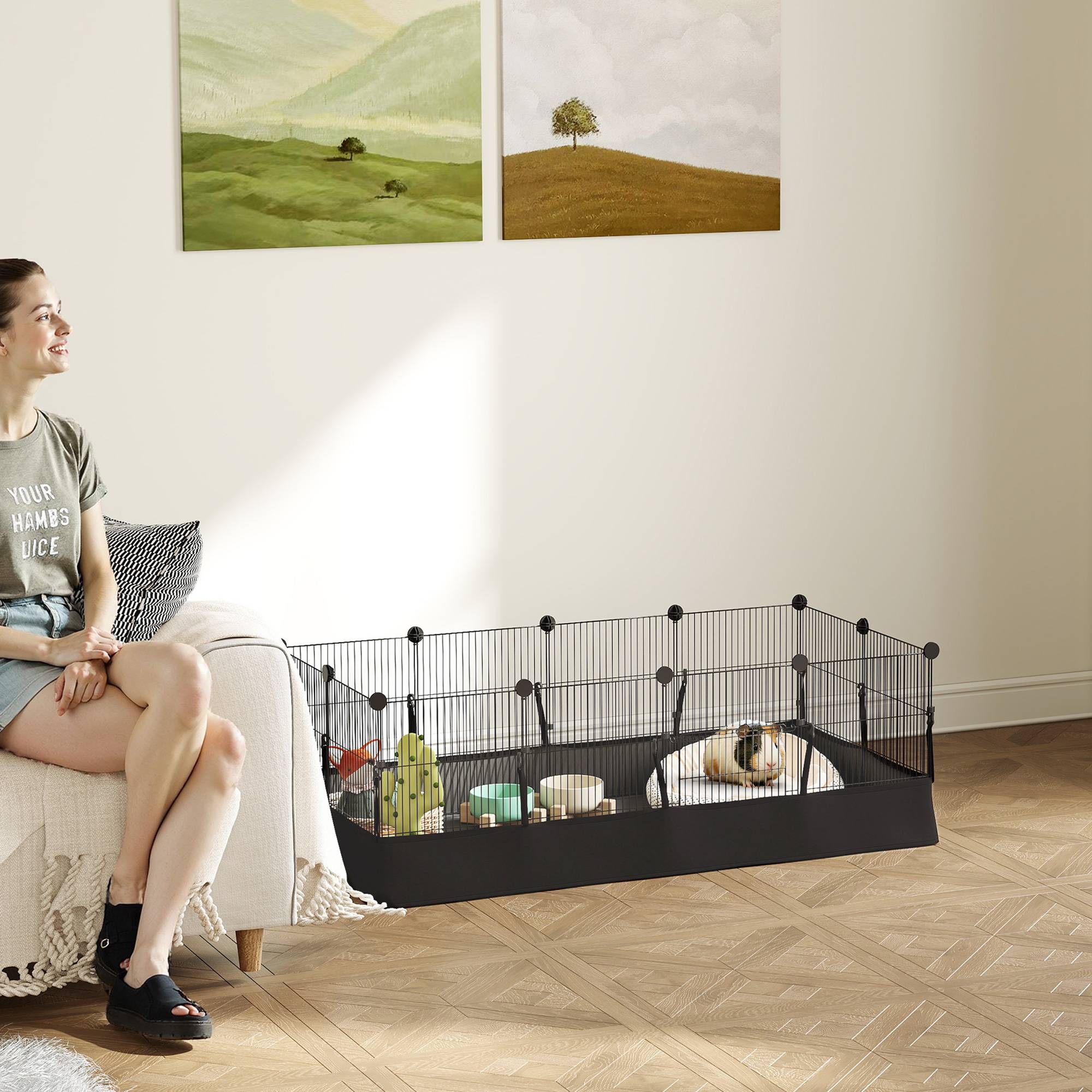 Enclos métallique pour animaux de compagnie de 12 panneaux DIY, tapis imperméable, parc pour cochons d'Inde, hérissons 120x60x40 cm Noir - Image 4